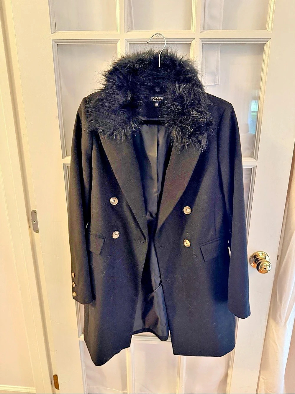 Topshop Black Faux Fur Collar Pea Coat Size 4 Like New